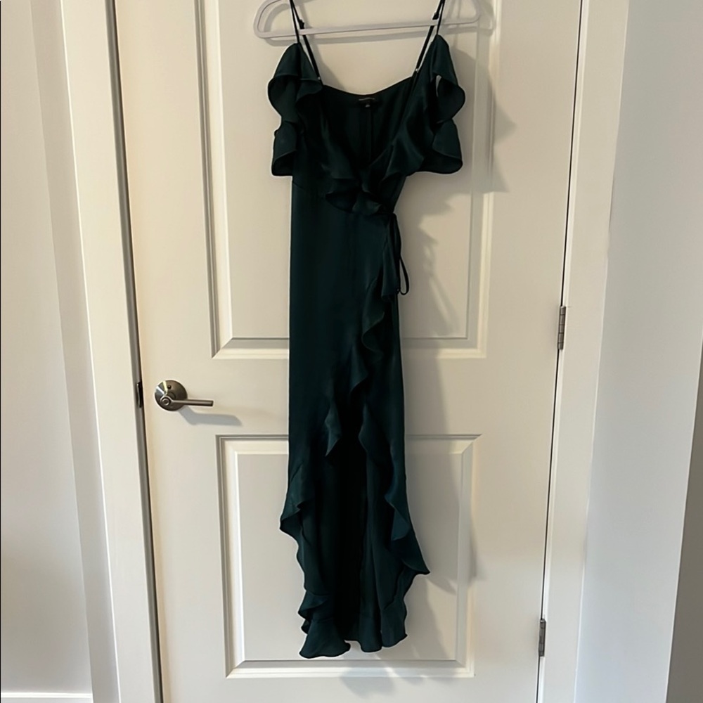 Majorelle Elegant Green Off The Shoulder Ruffle Wrap Dress